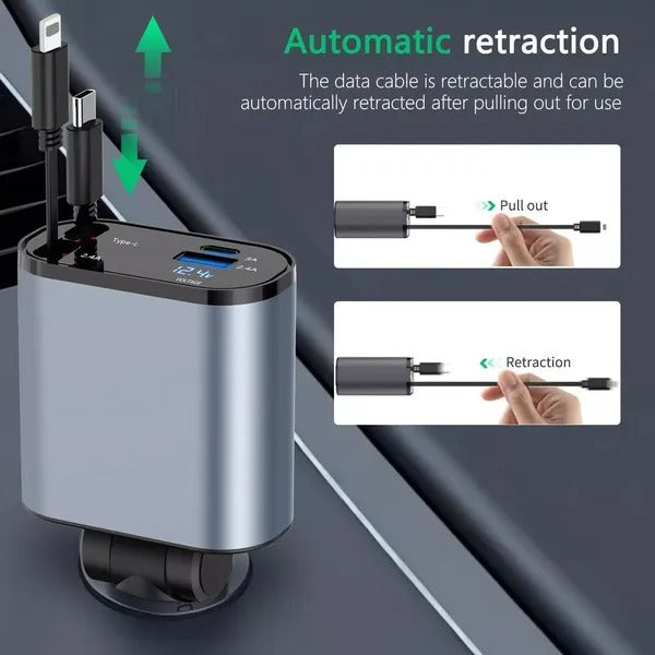 Retractable 4-Port Fast Car Charger 120W USB-C & USB-A