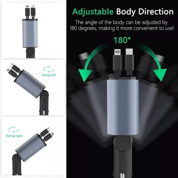 Retractable 4-Port Fast Car Charger 120W USB-C & USB-A