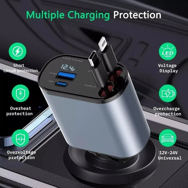 Retractable 4-Port Fast Car Charger 120W USB-C & USB-A